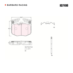 Barbaro Racing KD7498 brake pad shape drawing - 123.7 x 94.8 x 18.8 mm