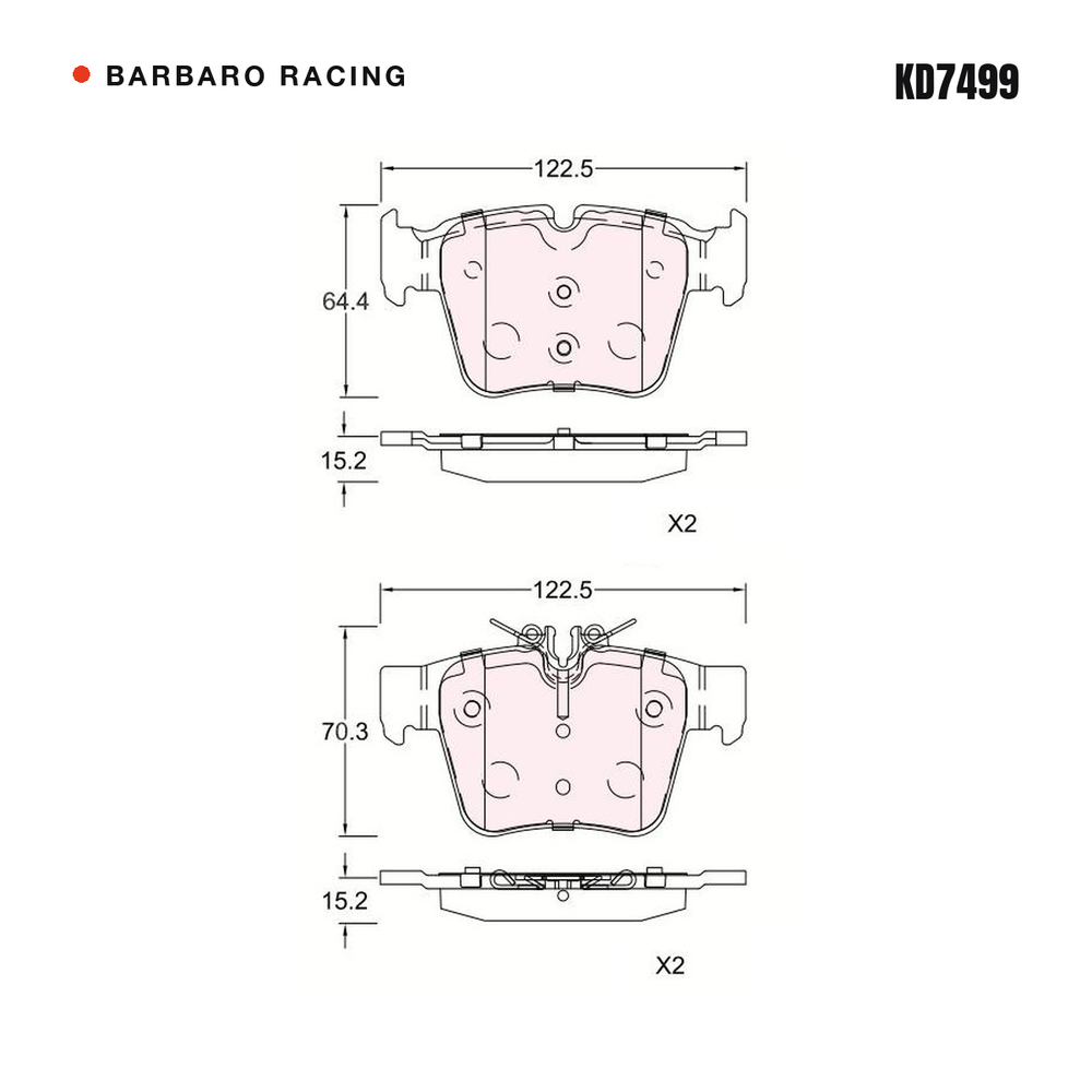 Barbaro Racing KD7499 brake pad shape drawing - 122.5 x 64.4 x 15.2 mm