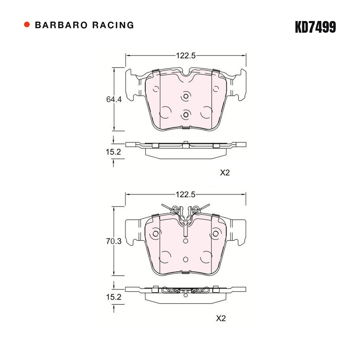 Barbaro Racing KD7499 brake pad shape drawing - 122.5 x 64.4 x 15.2 mm