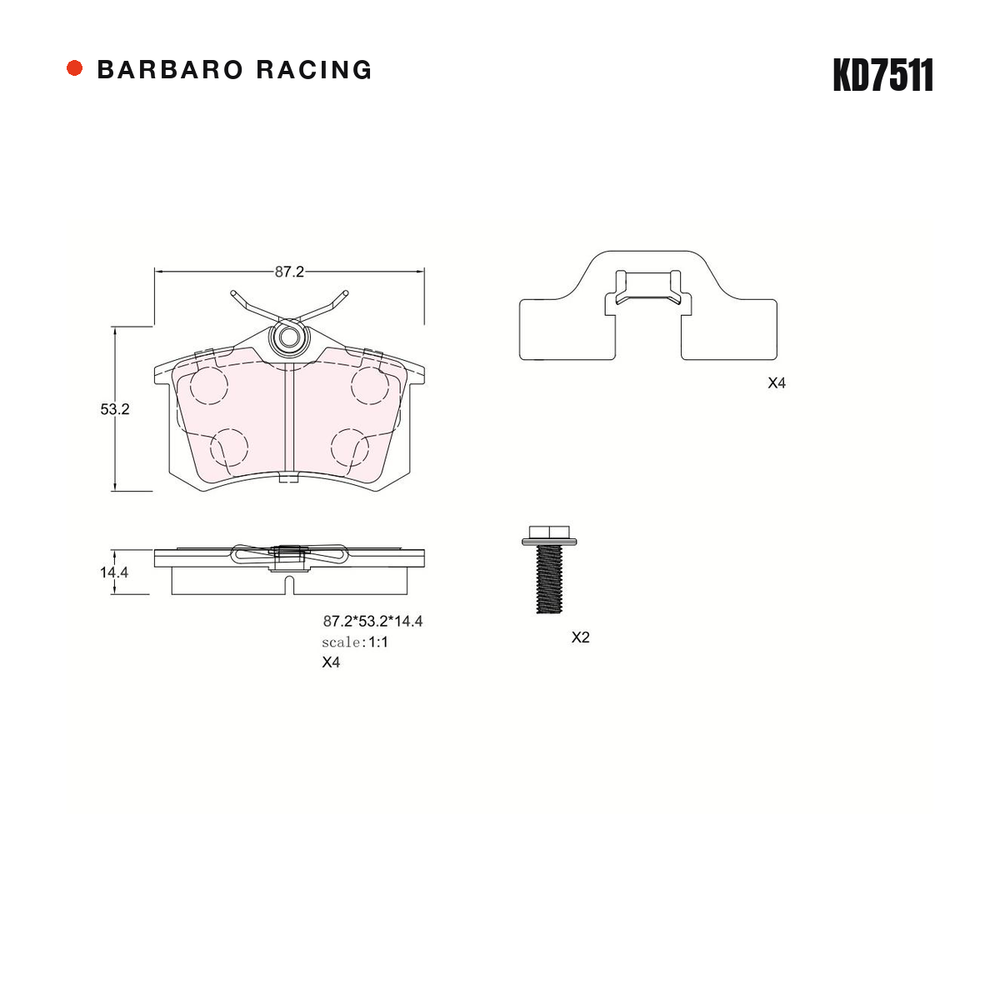 Barbaro Racing KD7511 brake pad shape drawing - 87.2 x 53.2 x 14.4 mm