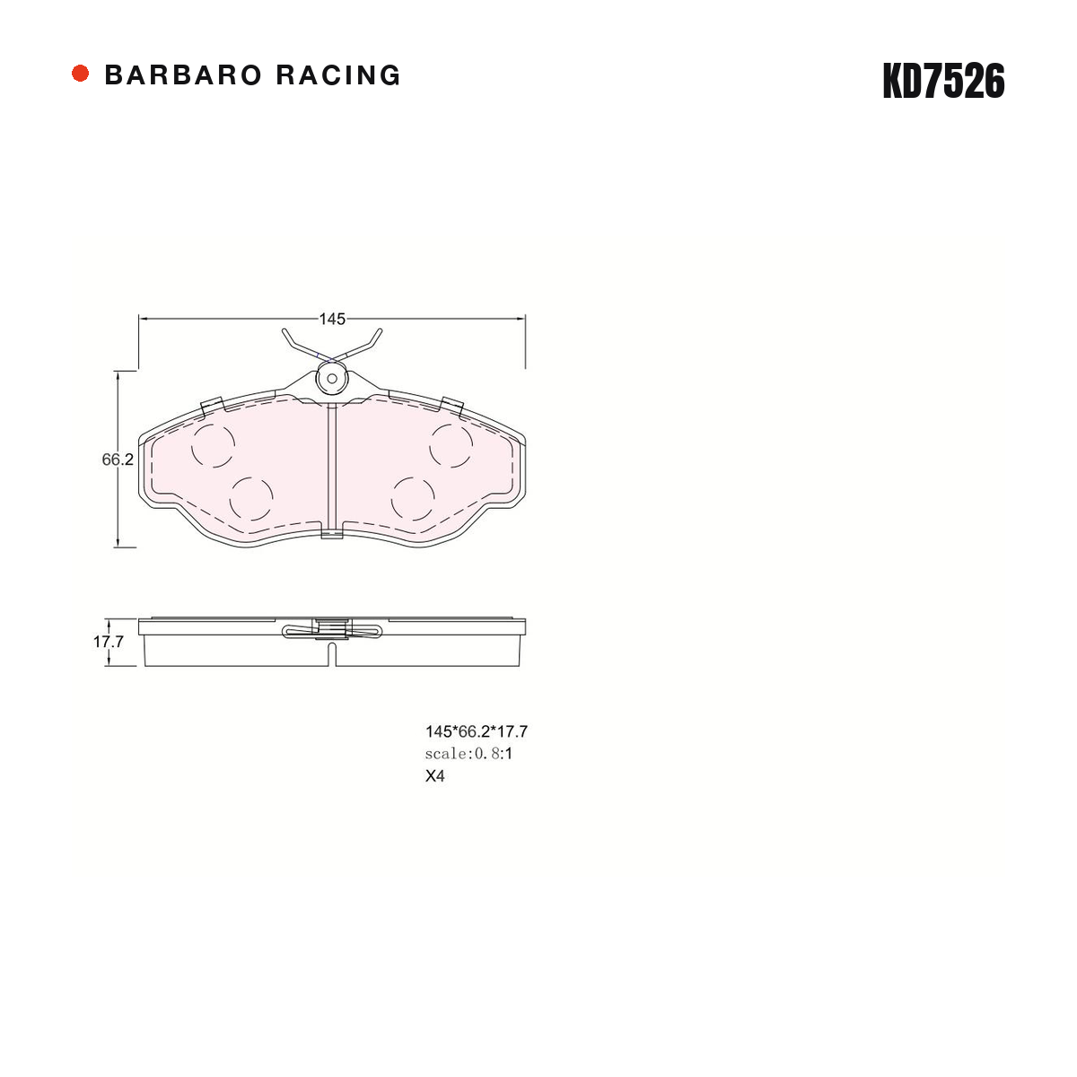 Barbaro Racing KD7526 brake pad shape drawing - 145 x 66 x 17.7 mm