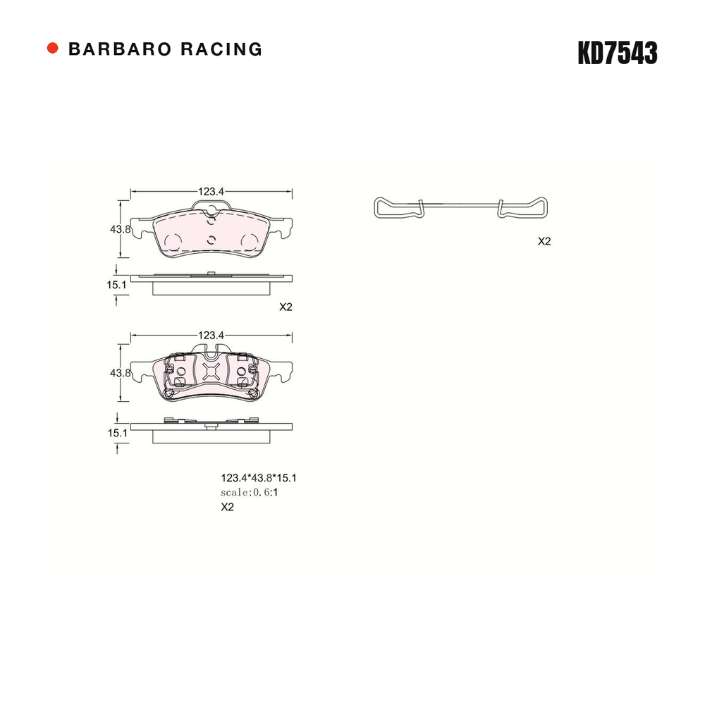 Barbaro Racing KD7543 brake pad shape drawing - 123.2 x 43.6 x 15.1 mm