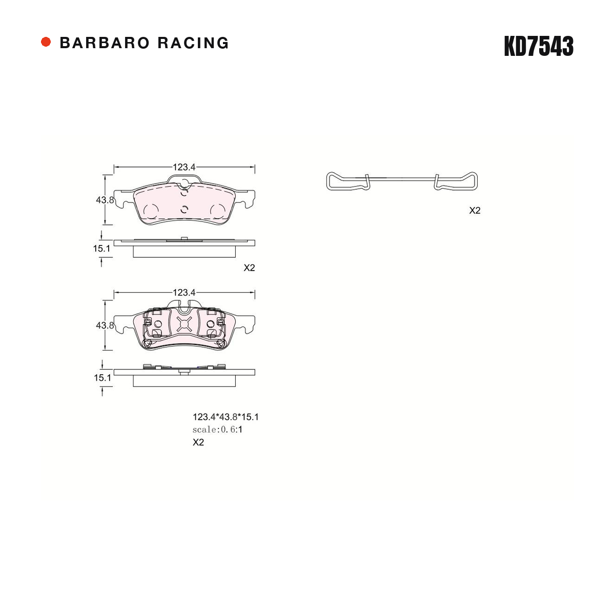 Barbaro Racing KD7543 brake pad shape drawing - 123.2 x 43.6 x 15.1 mm