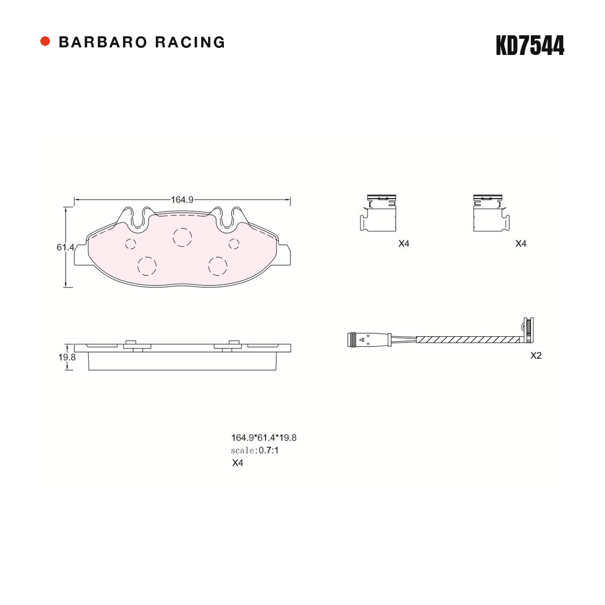 Barbaro Racing KD7544 brake pad shape drawing - 164.9 x 61.5 x 19.8 mm