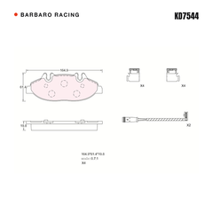 Barbaro Racing KD7544 brake pad shape drawing - 164.9 x 61.5 x 19.8 mm