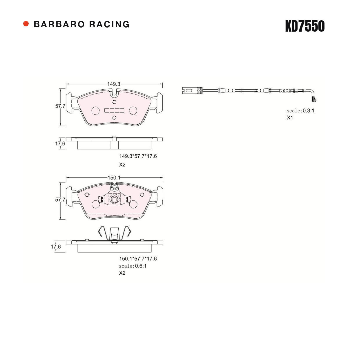 Barbaro Racing KD7550 brake pad shape drawing - 149.3 x 57.7 x 17.6 mm