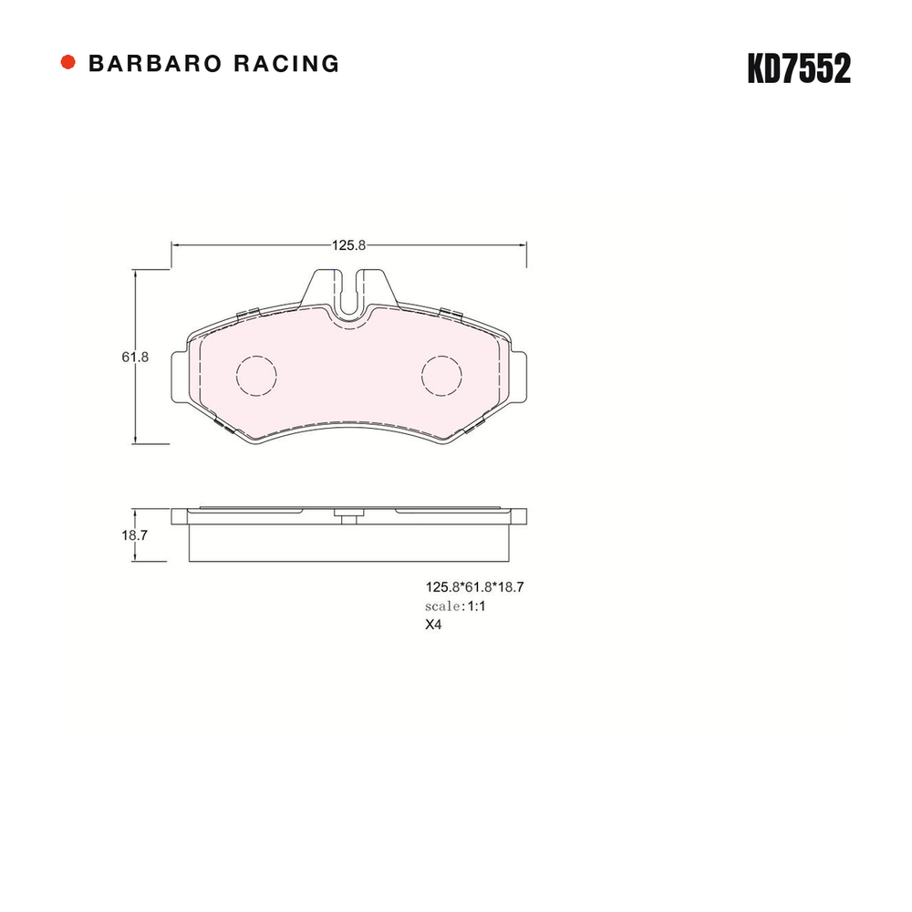 Barbaro Racing KD7552 brake pad shape drawing - 125.8 x 61.8 x 18.7 mm