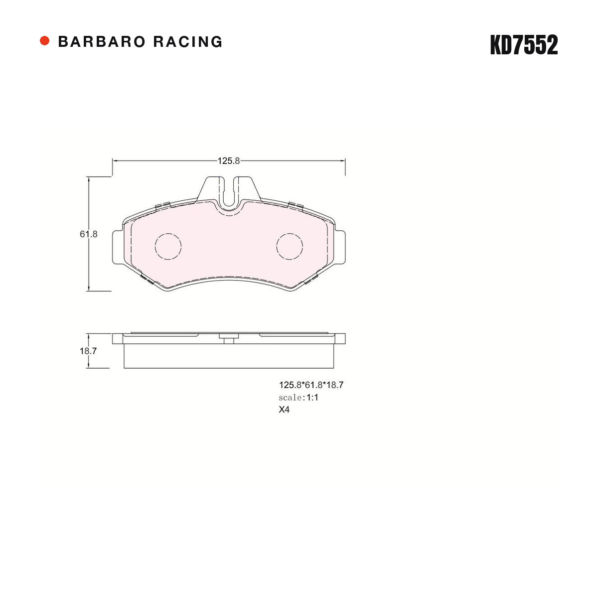 Barbaro Racing KD7552 brake pad shape drawing - 125.8 x 61.8 x 18.7 mm