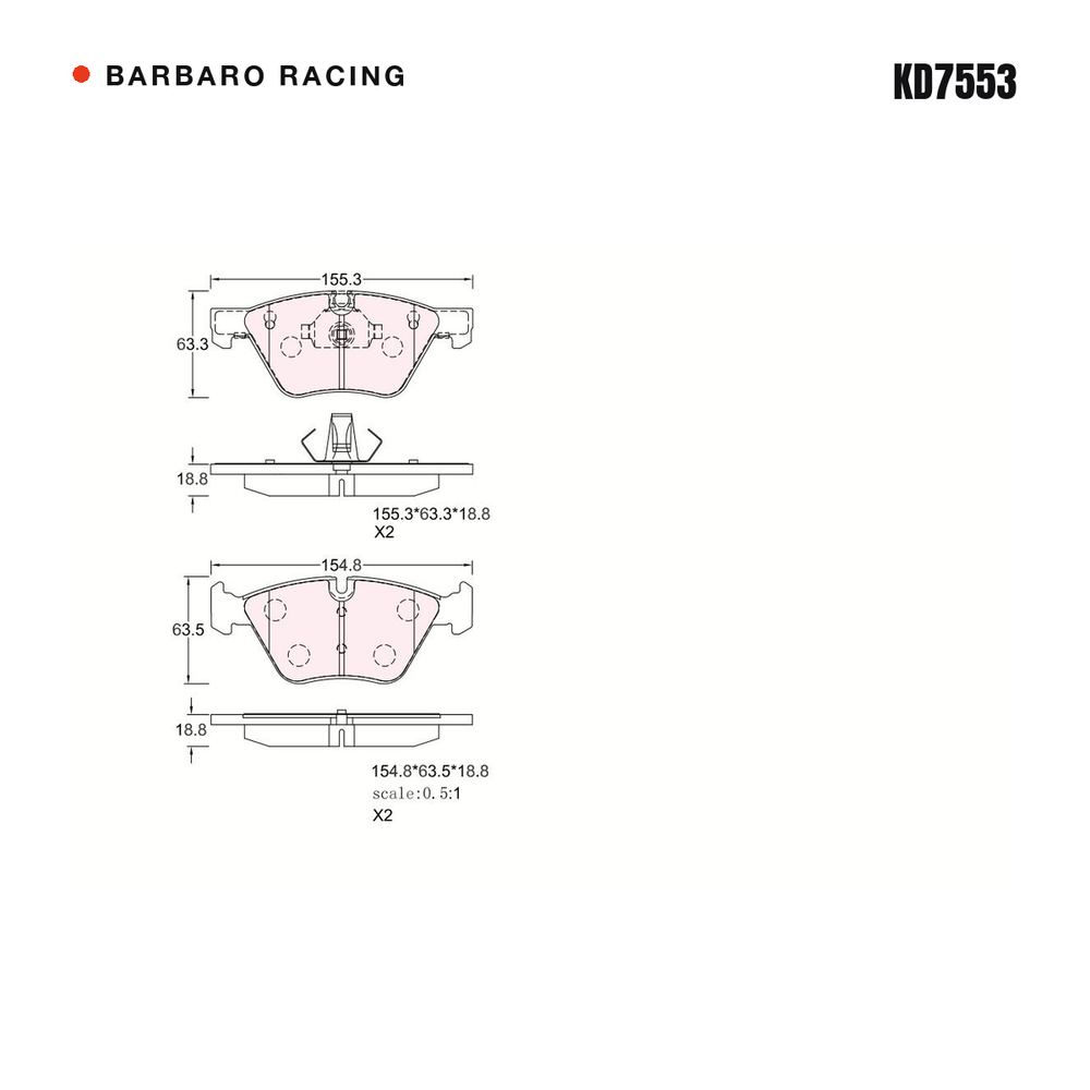 Barbaro Racing KD7553 brake pad shape drawing - 155.3 x 63.3 x 18.8 mm