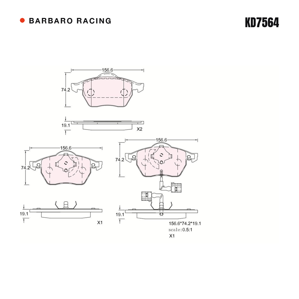 Barbaro Racing KD7564 brake pad shape drawing - 156.5 x 74 x 19.1 mm