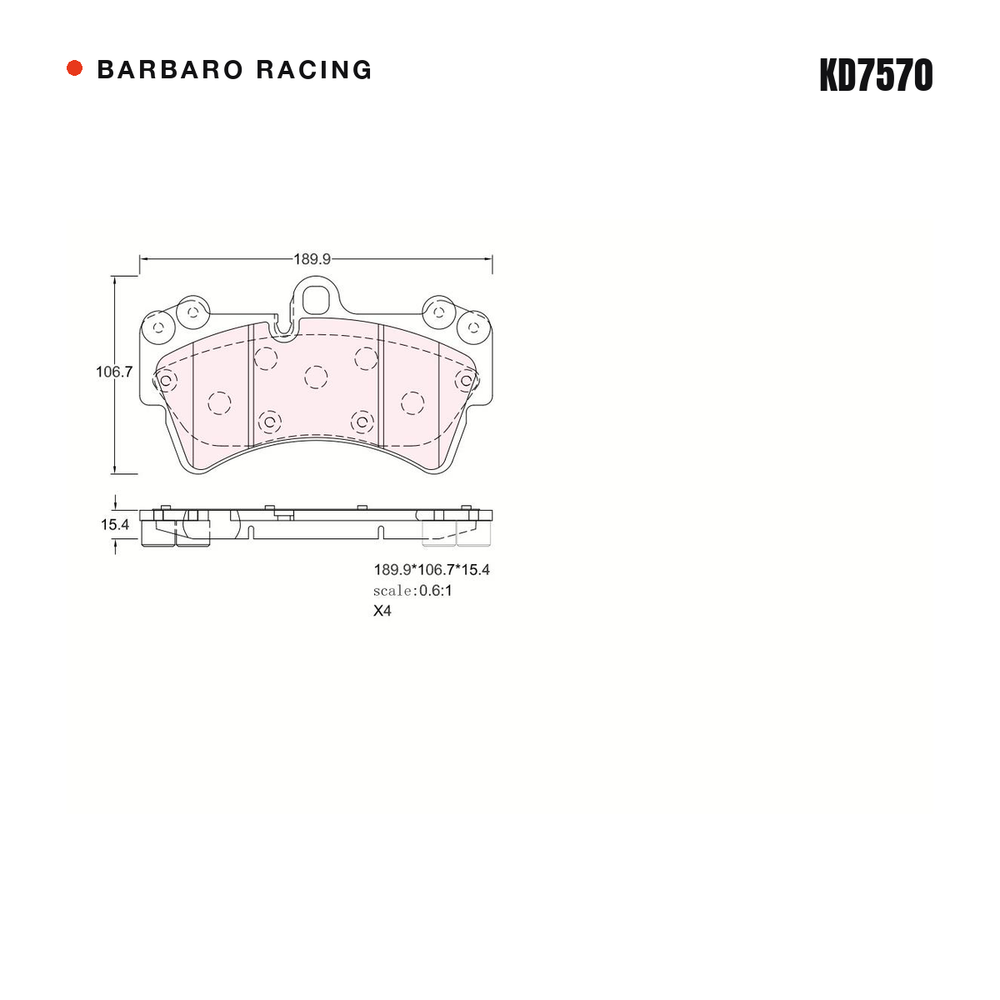 Barbaro Racing KD7570 brake pad shape drawing - 190 x 106.8 x 15.4 mm