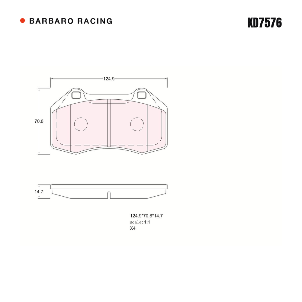 Barbaro Racing KD7576 brake pad shape drawing - 124.9 x 70.8 x 14.7 mm