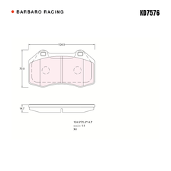 Barbaro Racing KD7576 brake pad shape drawing - 124.9 x 70.8 x 14.7 mm
