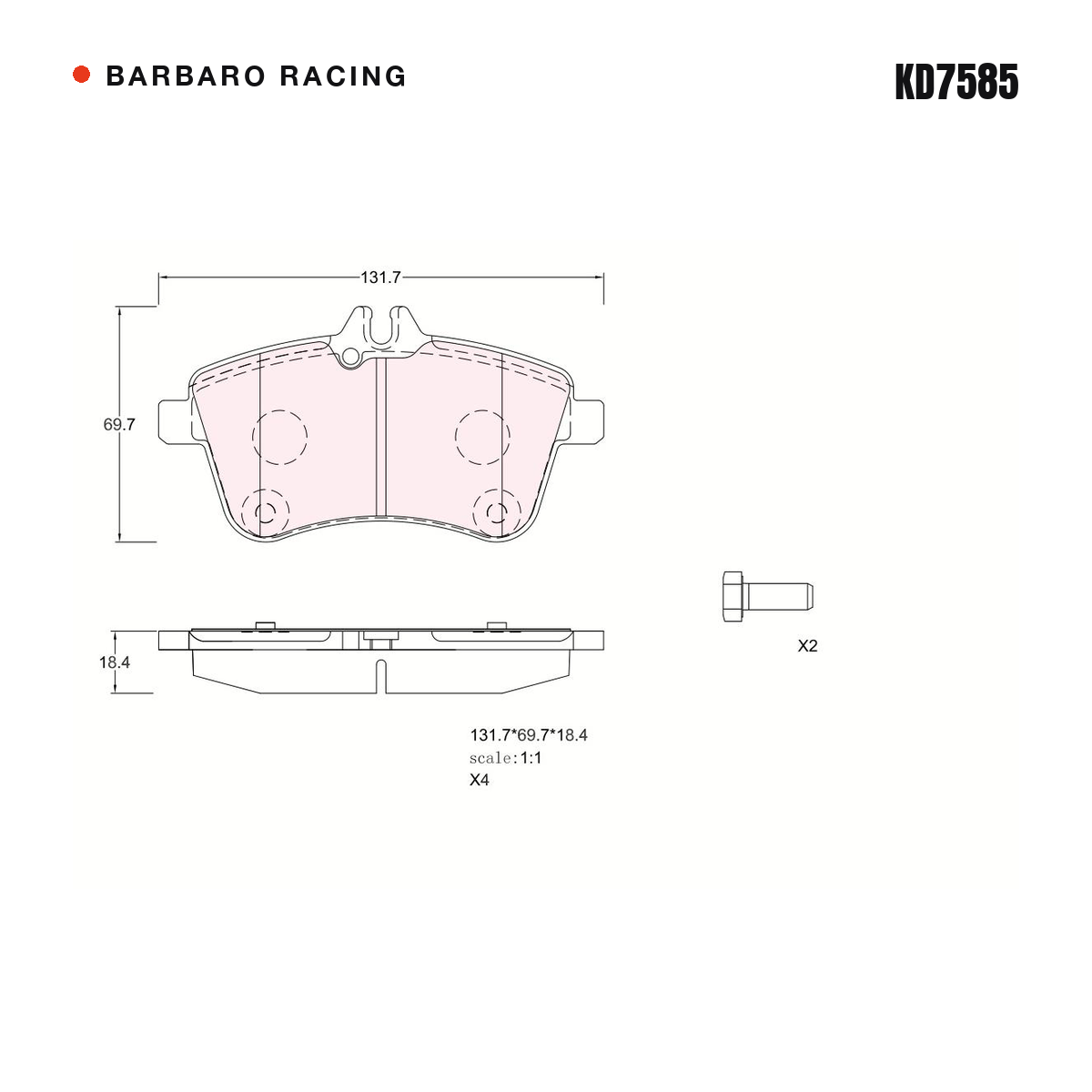 Barbaro Racing KD7585 brake pad shape drawing - 131 x 69.7 x 18.4 mm