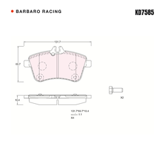 Barbaro Racing KD7585 brake pad shape drawing - 131 x 69.7 x 18.4 mm