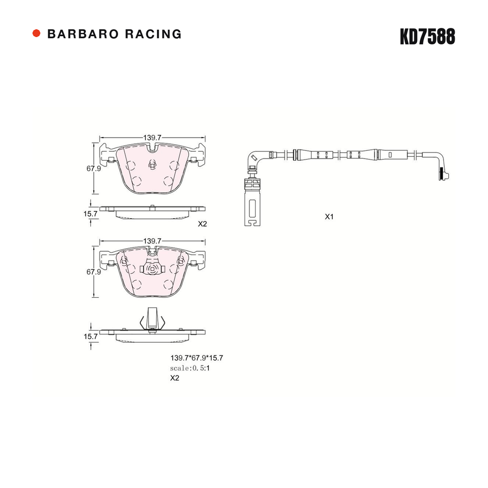 Barbaro Racing KD7588 brake pad shape drawing - 139.7 x 67.9 x 15.7 mm