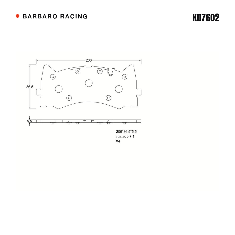 Barbaro Racing KD7602 brake pad shape drawing - 206 x 86.5 mm