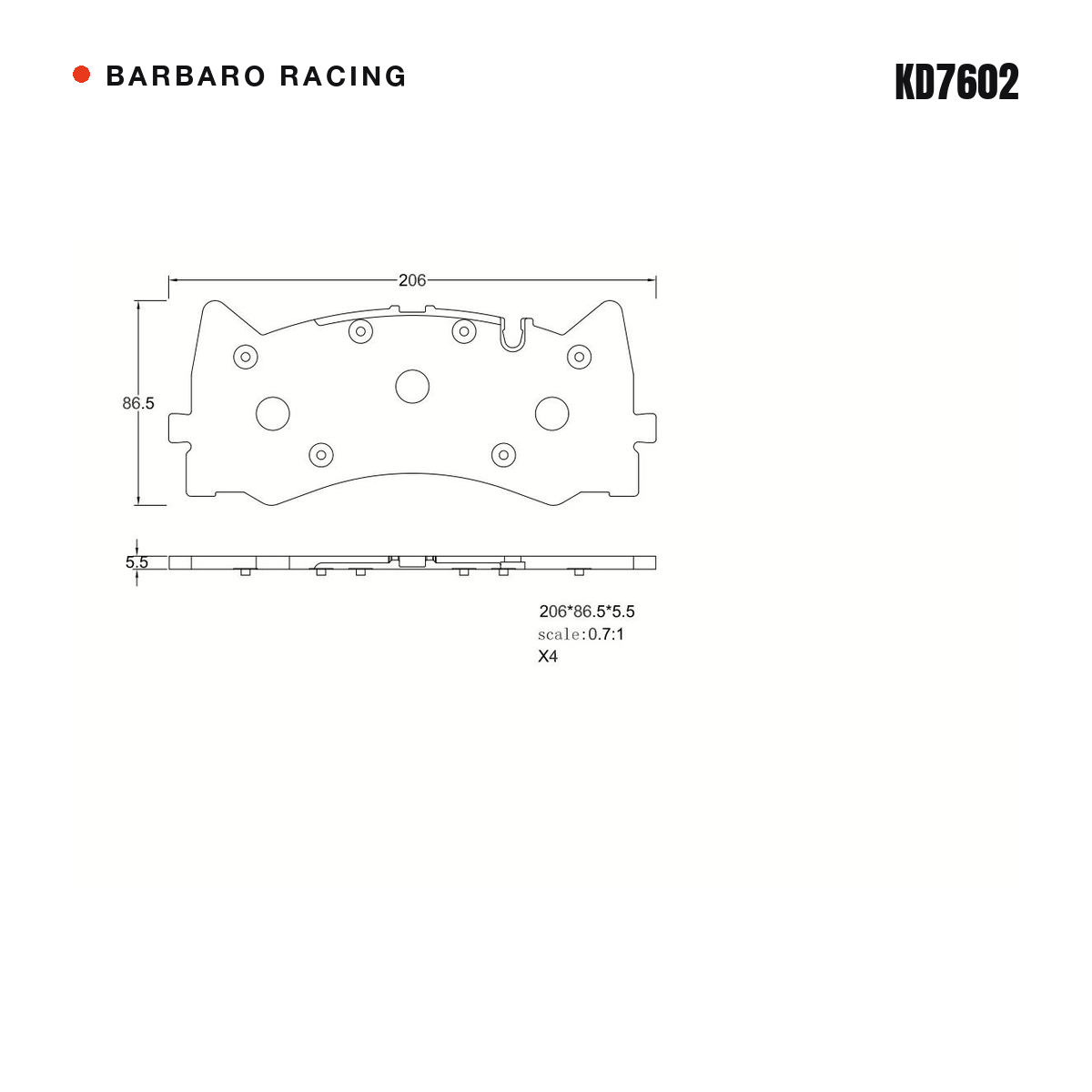 Barbaro Racing KD7602 brake pad shape drawing - 206 x 86.5 mm