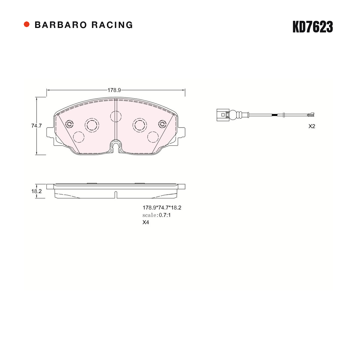 Barbaro Racing KD7623 brake pad shape drawing - 178.9 x 74.7 x 18.2 mm