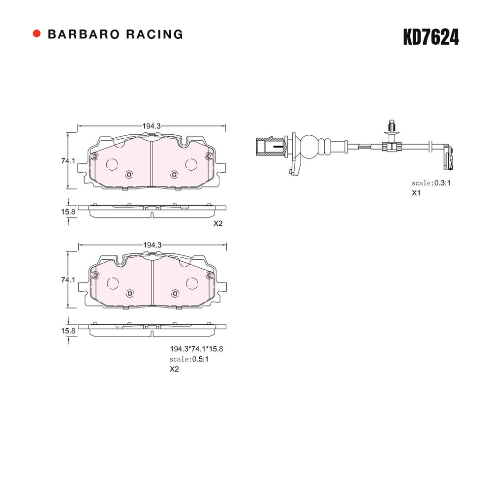 Barbaro Racing KD7624 brake pad shape drawing - 194.3 x 74.1 x 15.8 mm