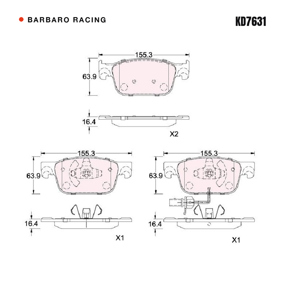 Barbaro Racing KD7631 brake pad shape drawing - 155.1 x 63.8 x 16.4 mm