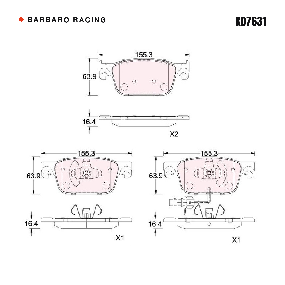 Barbaro Racing KD7631 brake pad shape drawing - 155.1 x 63.8 x 16.4 mm