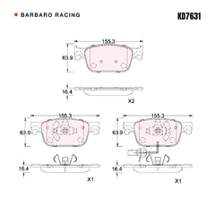 Barbaro Racing KD7631 brake pad shape drawing - 155.1 x 63.8 x 16.4 mm