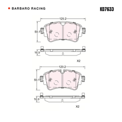 Barbaro Racing KD7633 brake pad shape drawing - 129.2 x 59.1 x 16.9 mm