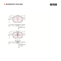 Barbaro Racing KD7638 brake pad shape drawing - 154.9 x 62.8 x 16.4 mm