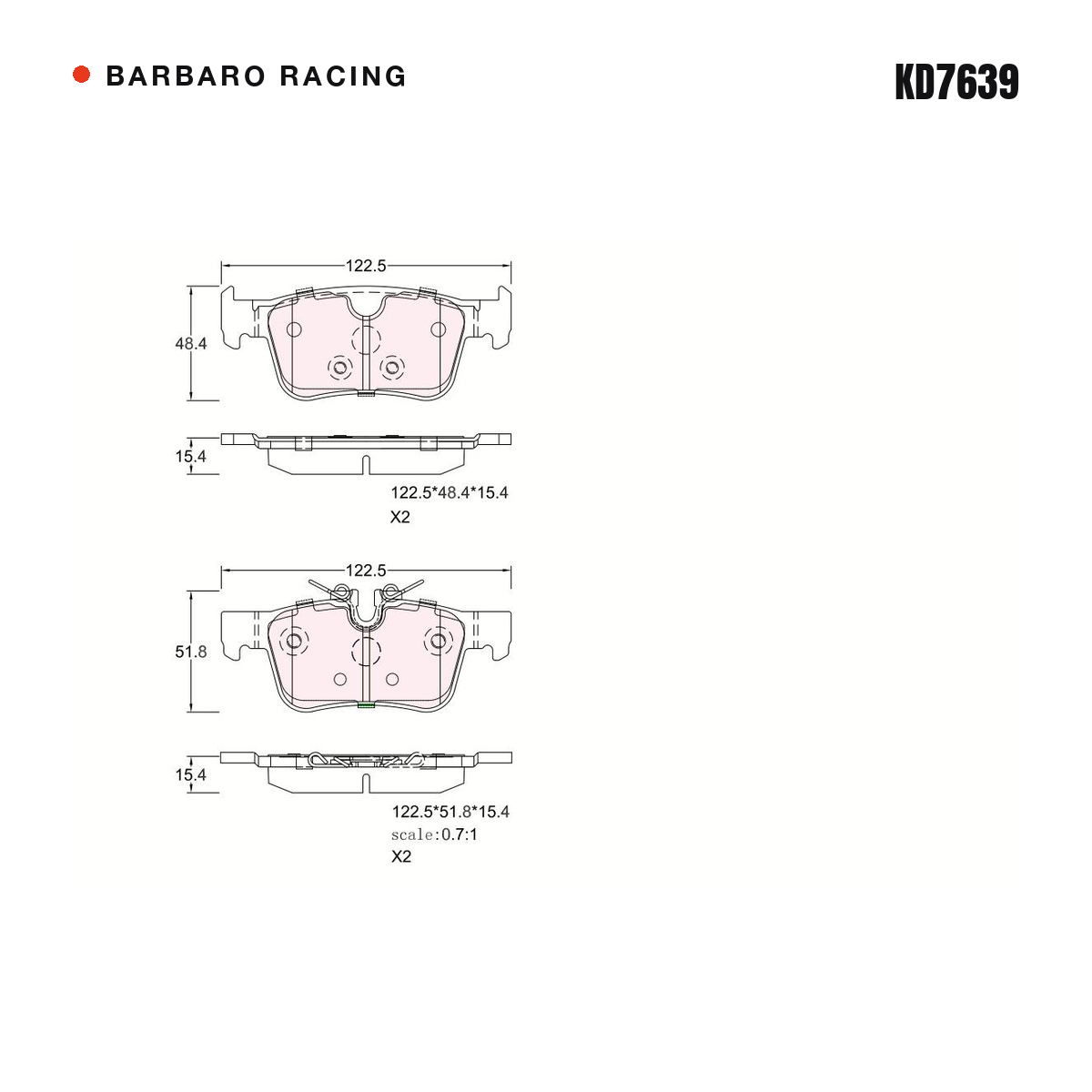 Barbaro Racing KD7639 brake pad shape drawing - 122.5 x 48.4 x 15.4 mm