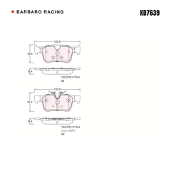 Barbaro Racing KD7639 brake pad shape drawing - 122.5 x 48.4 x 15.4 mm