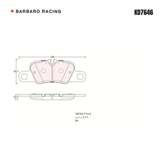 Barbaro Racing KD7646 brake pad shape drawing - 126 x 69.7 x 14.9 mm