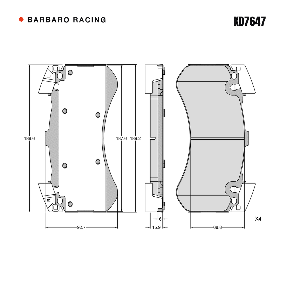 Barbaro Racing KD7647 brake pad shape drawing - 188.6 x 92.7 x 15.9 mm