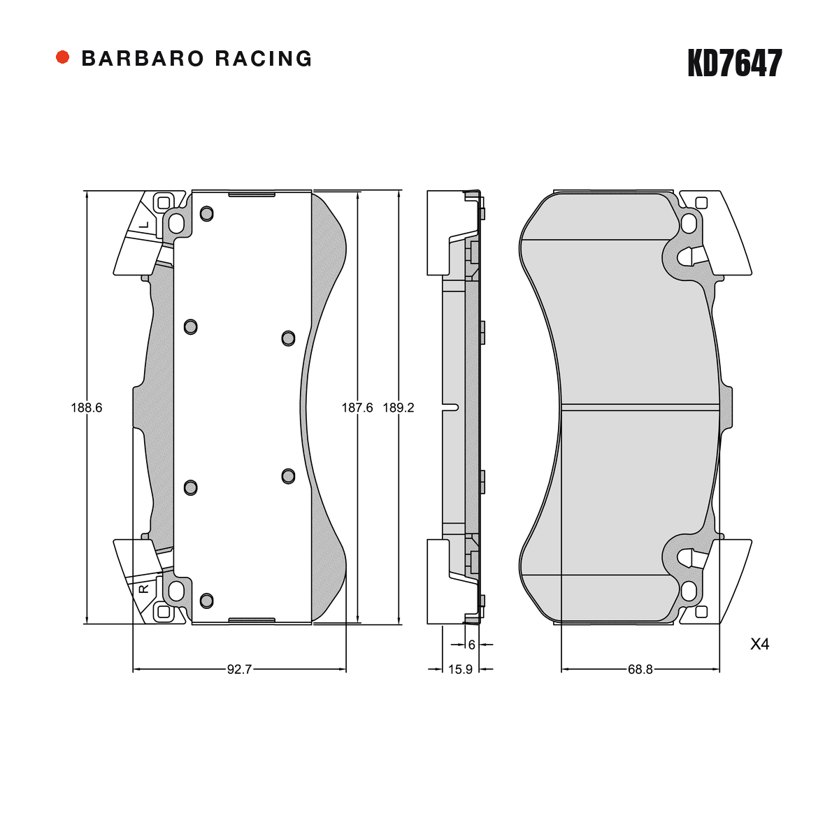 Barbaro Racing KD7647 brake pad shape drawing - 188.6 x 92.7 x 15.9 mm