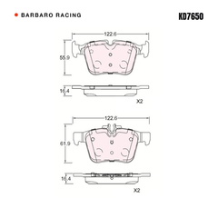 Barbaro Racing KD7650 brake pad shape drawing - 122.6 x 56.2 x 15.4 mm