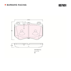 Barbaro Racing KD7651 brake pad shape drawing - 127.5 x 82 x 17.6 mm