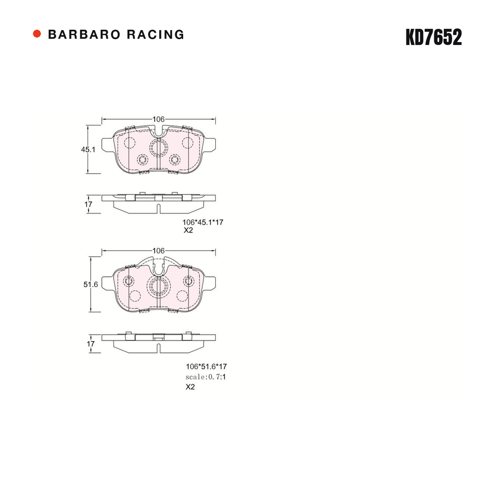 Barbaro Racing KD7652 brake pad shape drawing - 106 x 45.1 x 17 mm