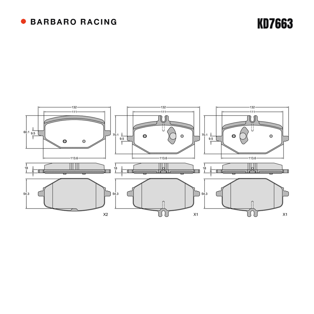 Barbaro Racing KD7663 brake pad shape drawing - 132 x 70.1 x 18 mm