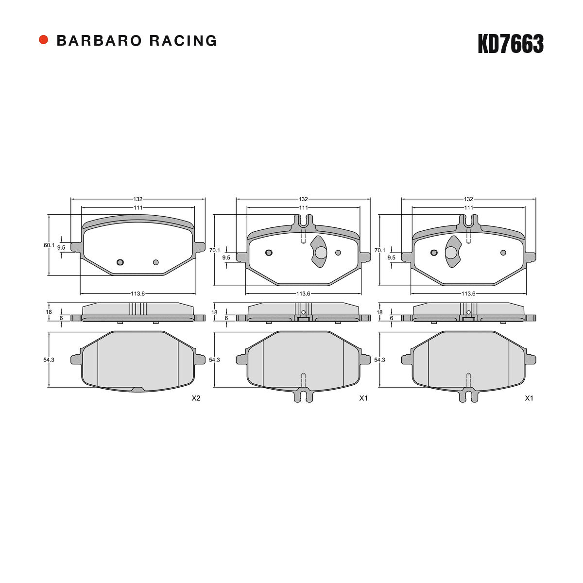 Barbaro Racing KD7663 brake pad shape drawing - 132 x 70.1 x 18 mm
