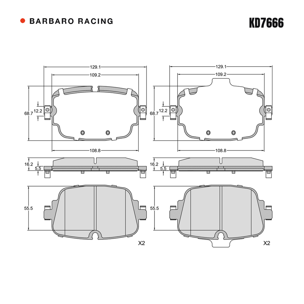Barbaro Racing KD7666 brake pad shape drawing - 129.1 x 68.7 x 16.2 mm