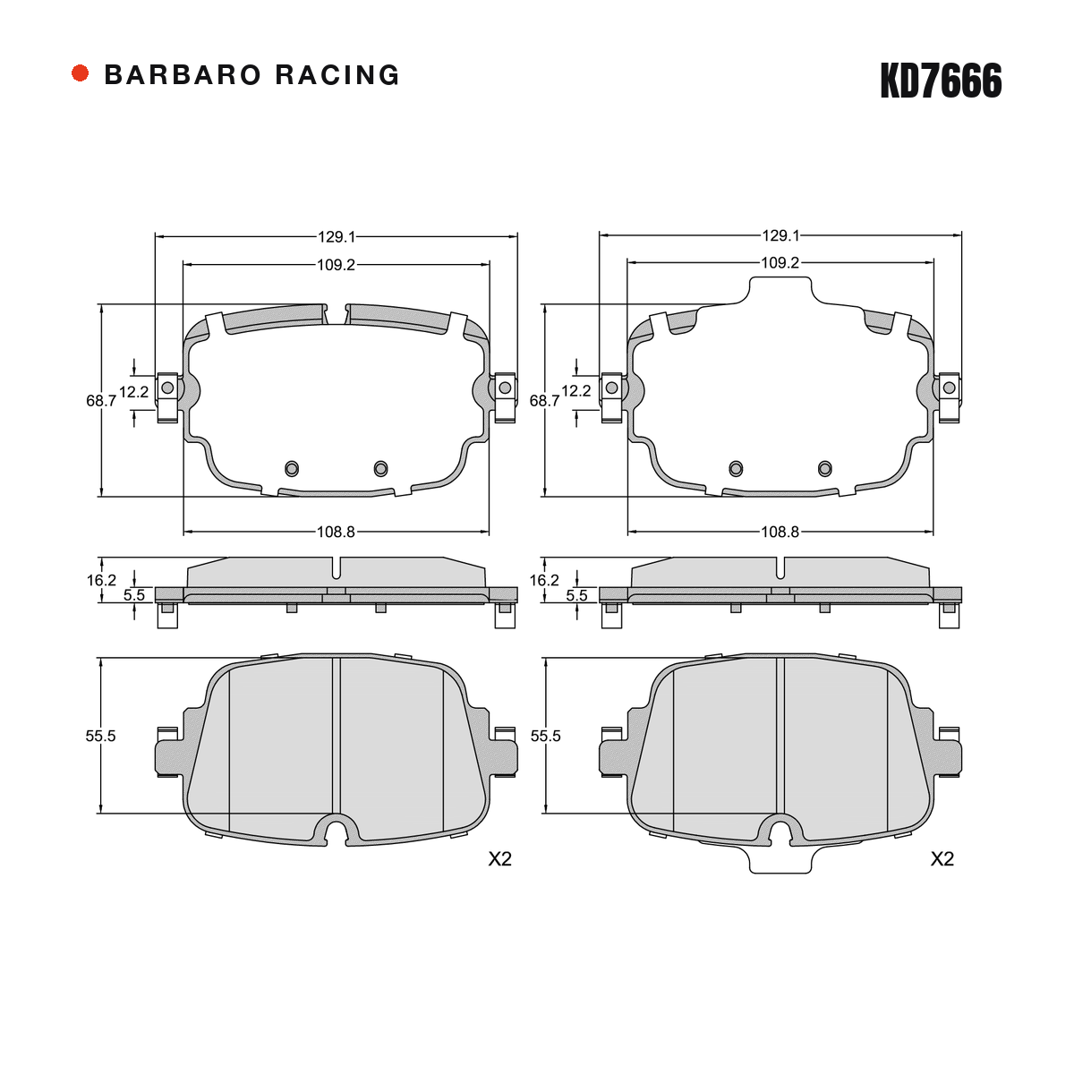 Barbaro Racing KD7666 brake pad shape drawing - 129.1 x 68.7 x 16.2 mm