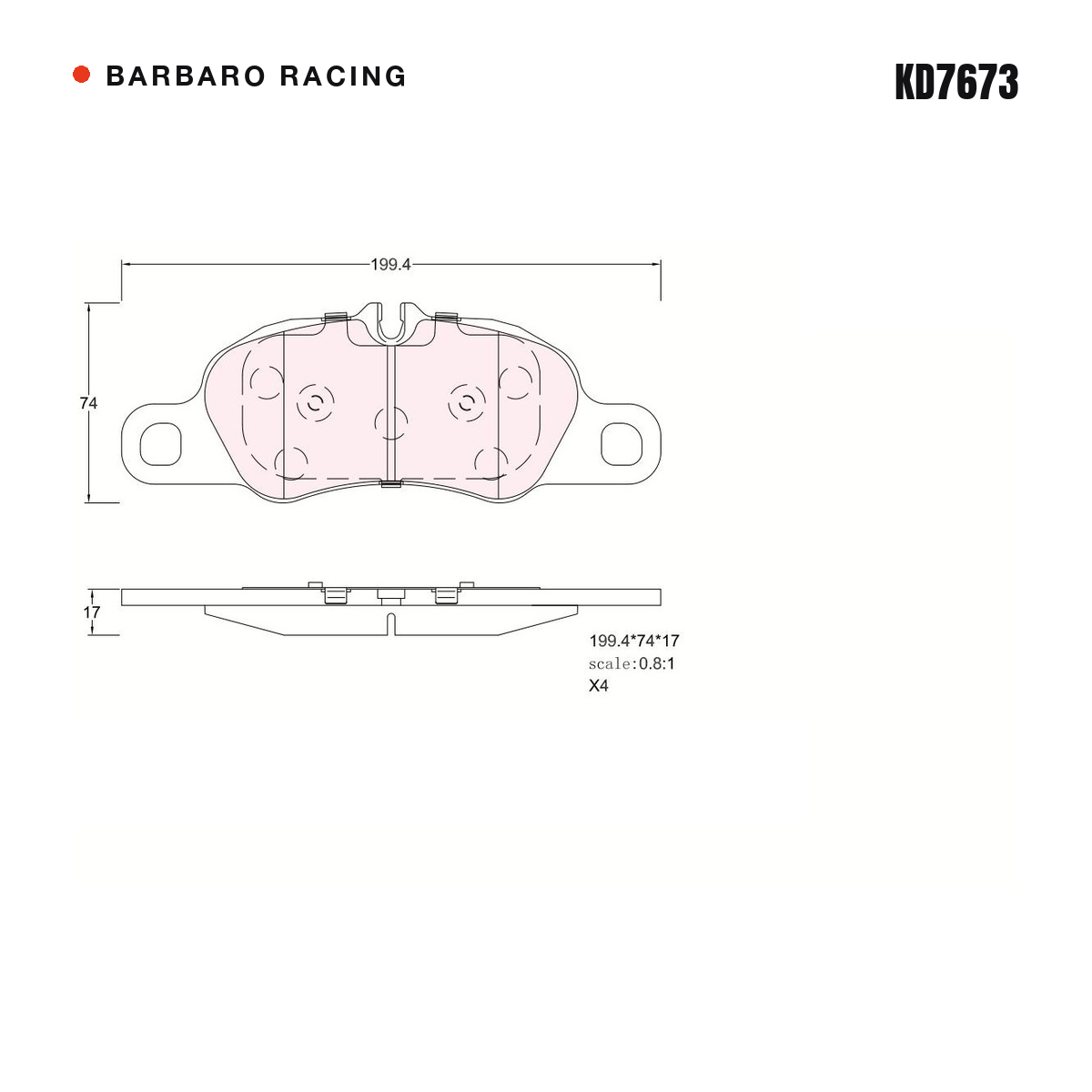 Barbaro Racing KD7673 brake pad shape drawing - 199.4 x 74 x 17 mm