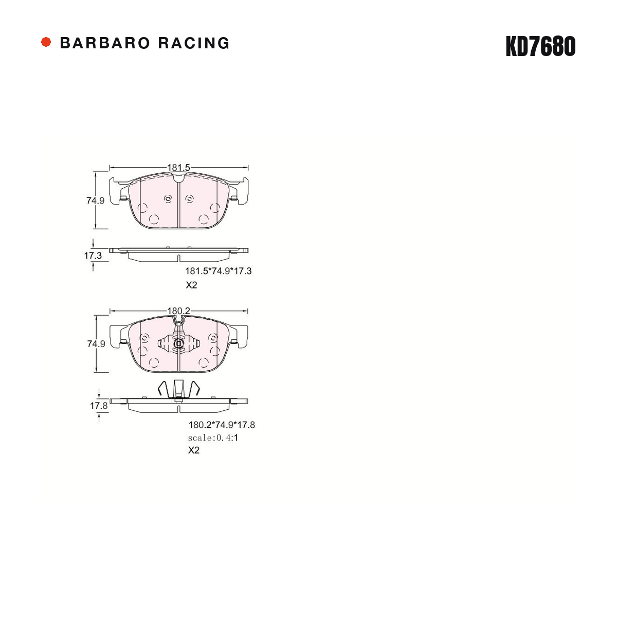 Barbaro Racing KD7680 brake pad shape drawing - 181.5 x 74.9 x 17.3 mm