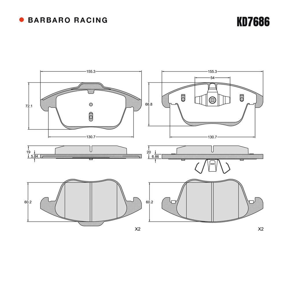Barbaro Racing KD7686 brake pad shape drawing - 155.3 x 72.1 x 19 mm