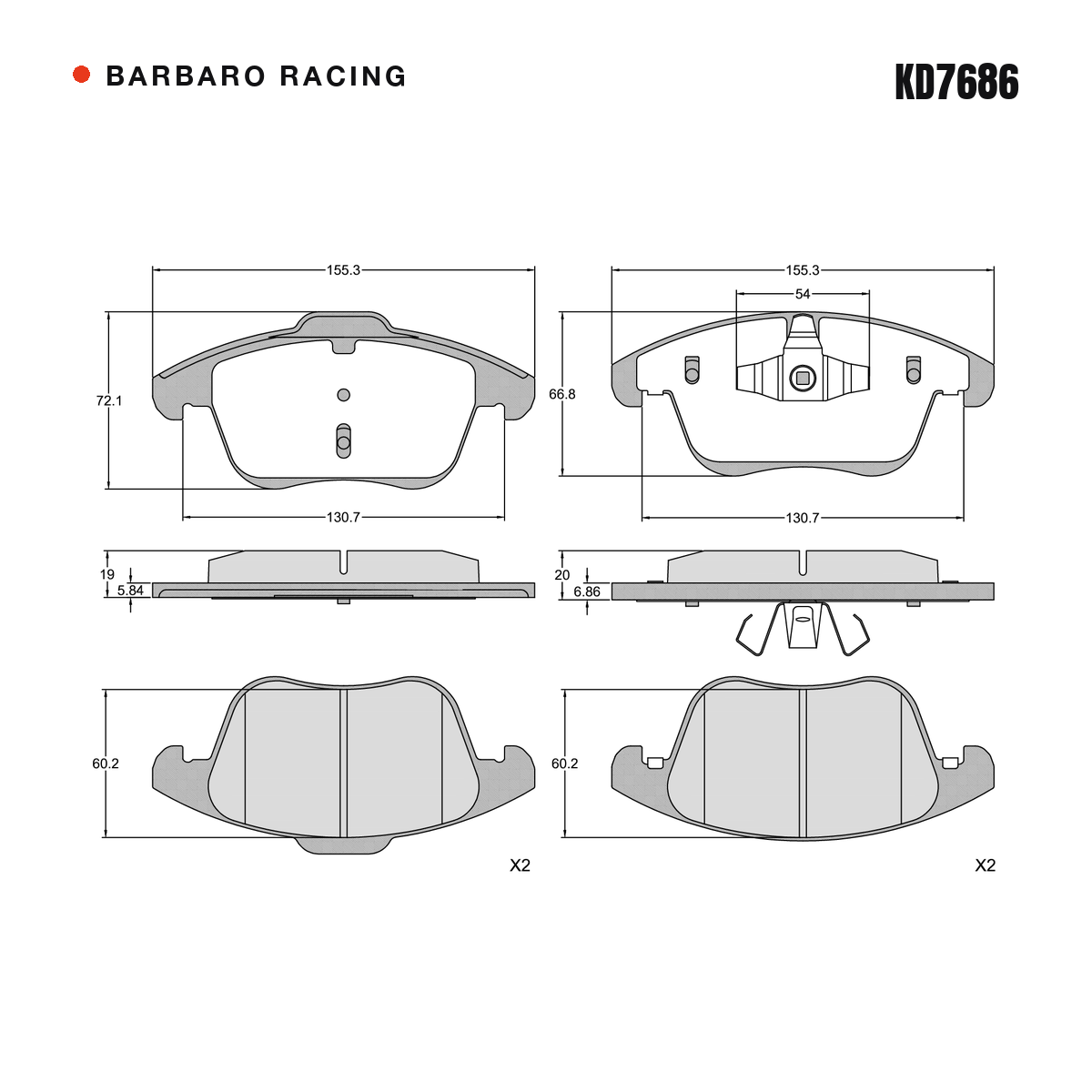 Barbaro Racing KD7686 brake pad shape drawing - 155.3 x 72.1 x 19 mm