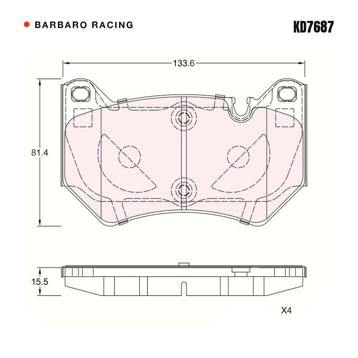 Barbaro Racing KD7687 brake pad shape drawing - 133.6 x 81.4 x 15.5 mm