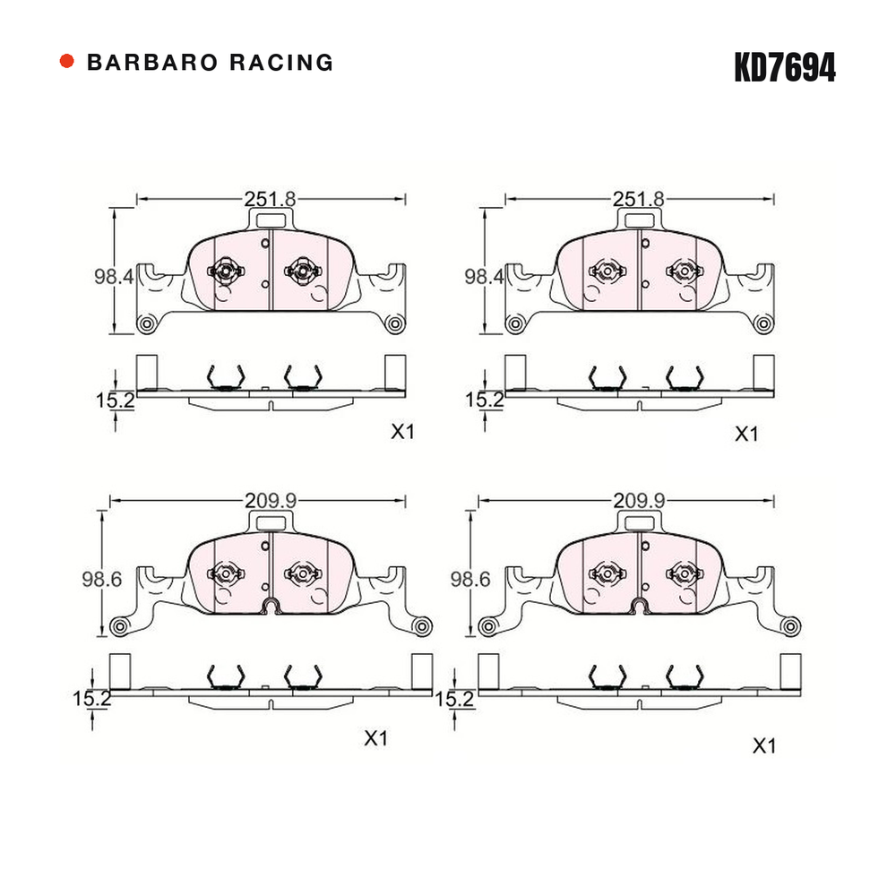 Barbaro Racing KD7694 brake pad shape drawing - 209.9 x 98.6 x 15.2 mm