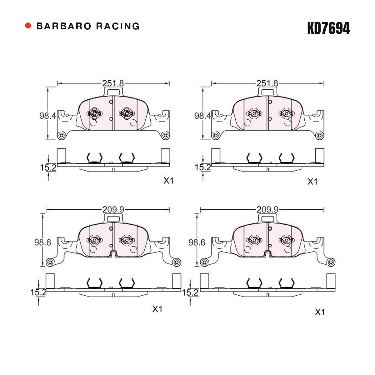 Barbaro Racing KD7694 brake pad shape drawing - 209.9 x 98.6 x 15.2 mm