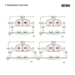 Barbaro Racing KD7694 brake pad shape drawing - 209.9 x 98.6 x 15.2 mm