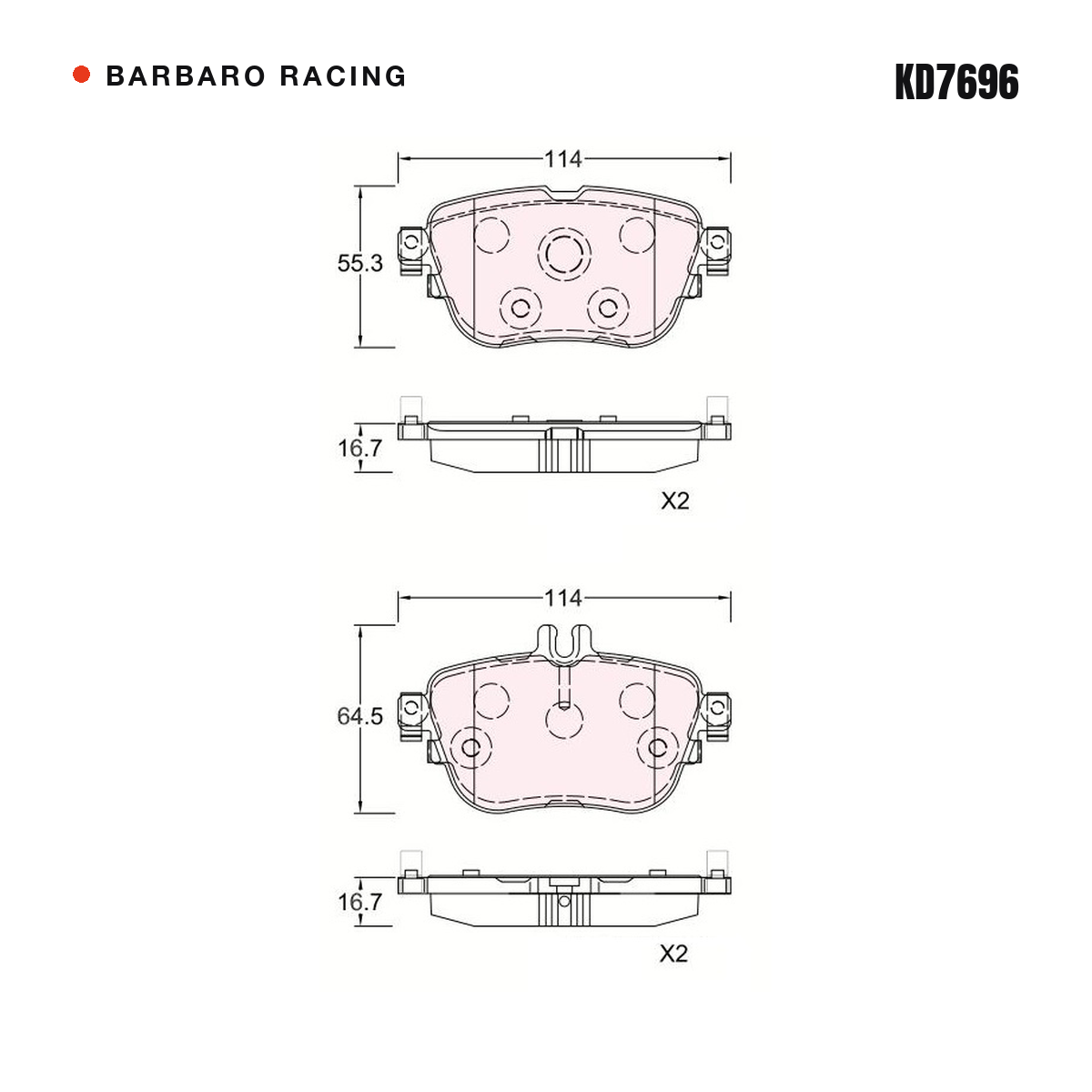 Barbaro Racing KD7696 brake pad shape drawing - 114 x 55.3 x 16.7 mm
